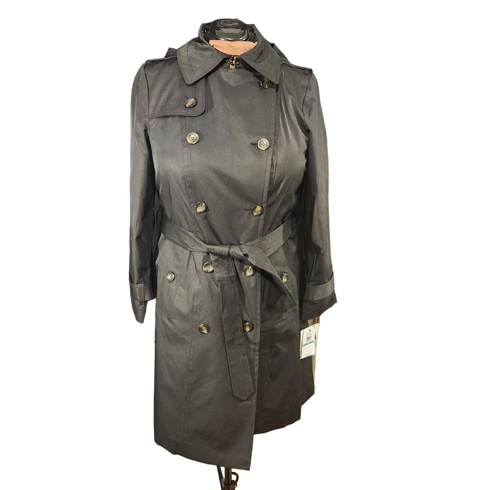 NWT LONDON FOG Womens Double-Breasted Hooded Trench Coat, Black, size 0X - Picture 5 of 11